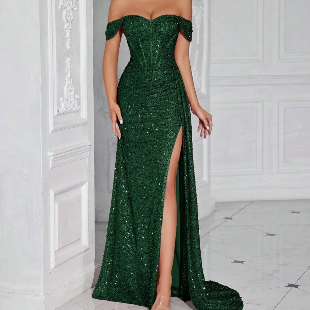 Dark Green Elegant Women's Sequin Sweetheart Formal Cocktail Dress - Picture 3 of 8